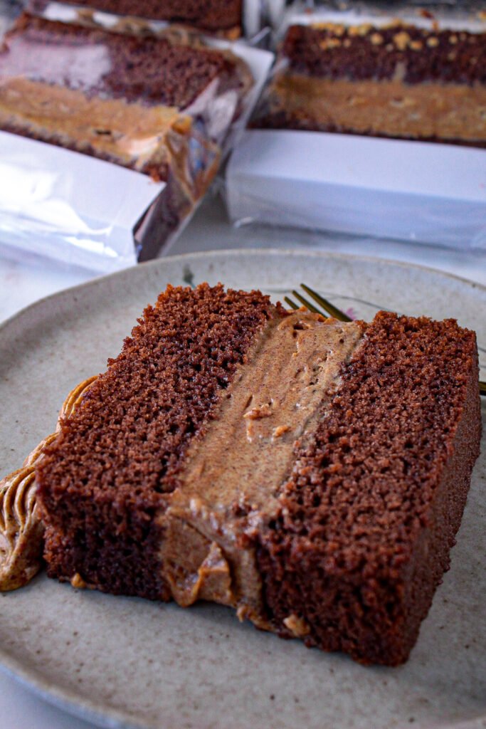 Receita de Slice cake de chocolate e leite em pó tostado